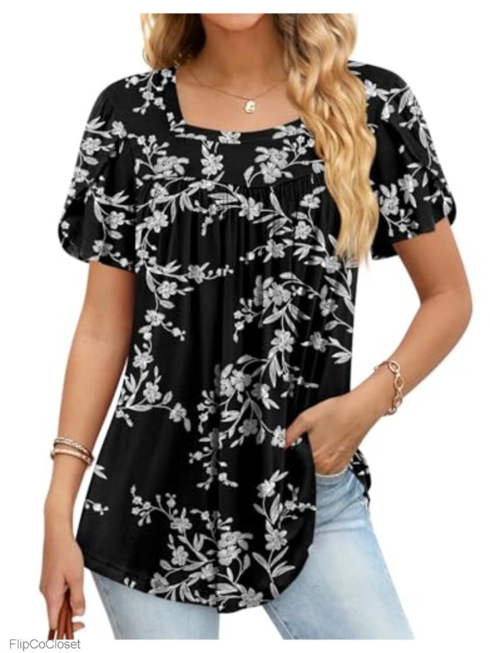 Plus Size Tunic Top Short Sleeve Square Neck Petal Sleeve Loose Fit